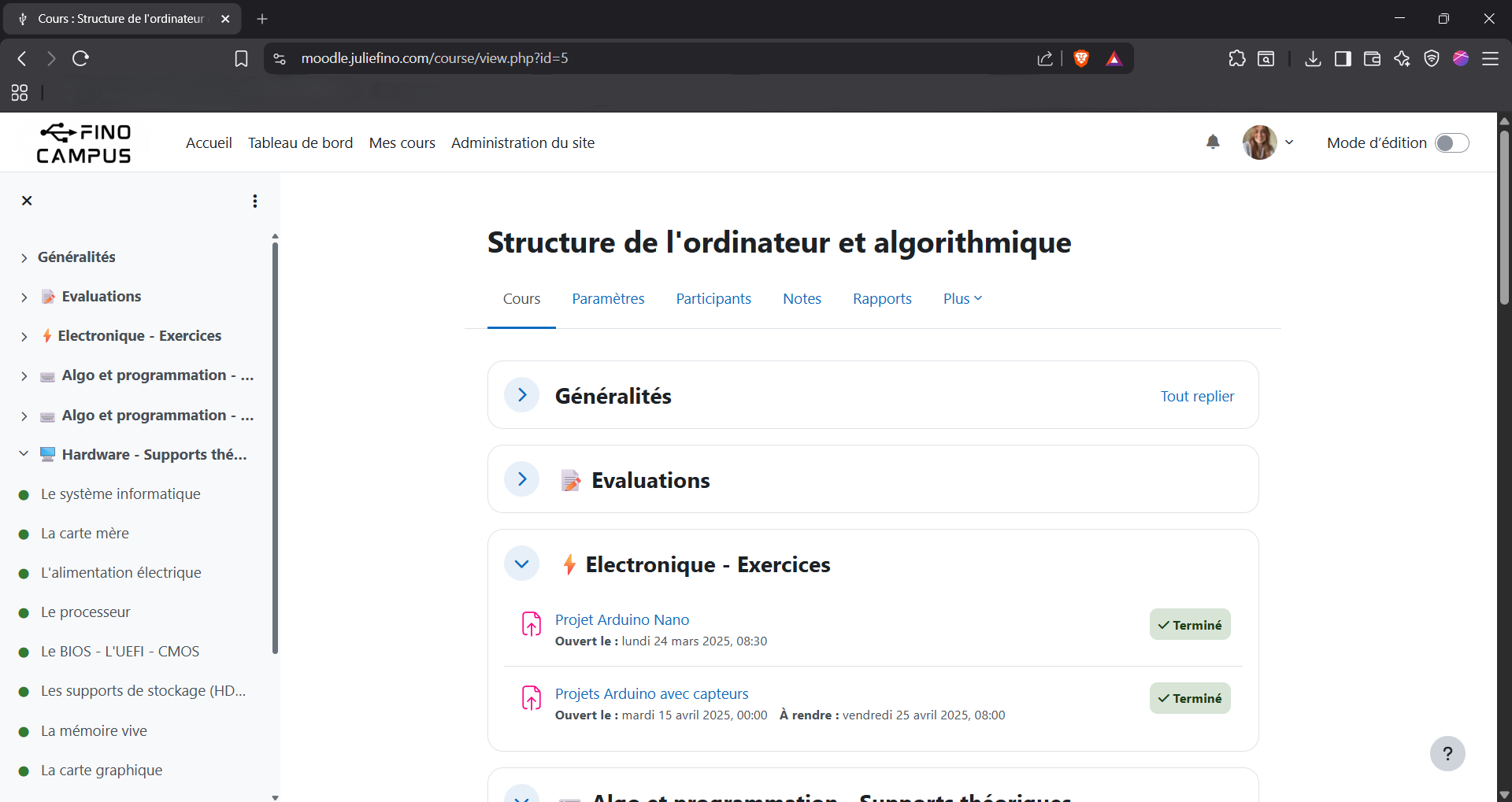 Capture d'écran page de cours structure de l'ordinateur et algorithmique
